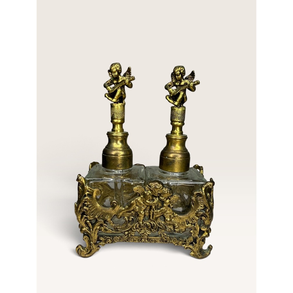 Vtg 24k Plated Ormolu Double Perfume Bottle Set Cherub Stoppers Ornate Filigree